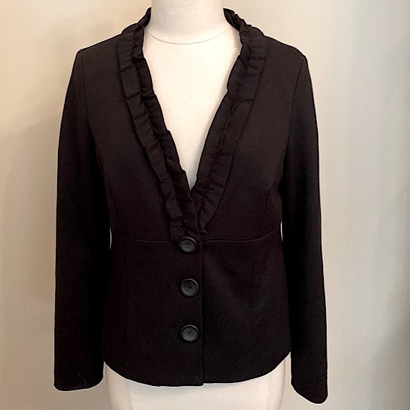 212 Collection Black Ruffle Trim Front Button Long Sleeve Lined Blazer Size 14 - Picture 1 of 10